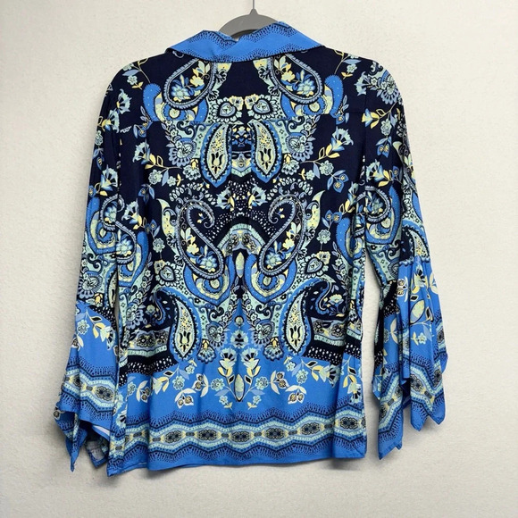 Boston Proper Border Print Flare Sleeve Shirt Xs Blue Collared Paisley Button - Picture 3 of 9